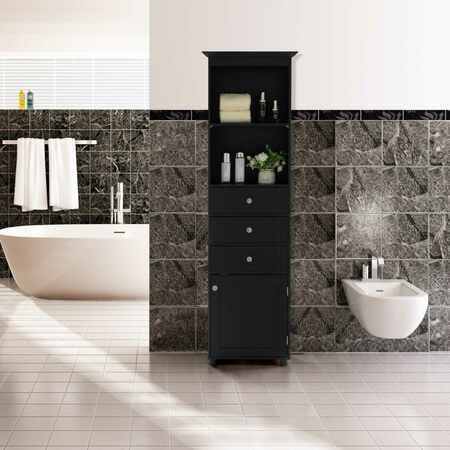 Basicwise Tall Freestanding Linen Tower, Bathroom Cabinet with 2 Open shelves, 3 Drawers, and a Closet, Black QI004611.BK